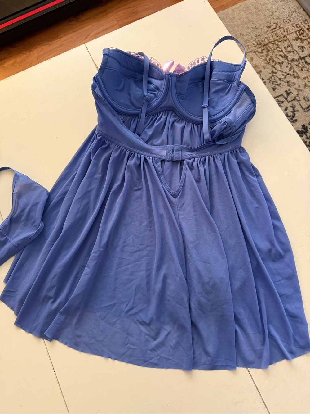 NWOT La Vie en Rose Blue Babydoll Lingerie Set Sparkle Lace Bow Romantic Sexy M - Picture 7 of 7